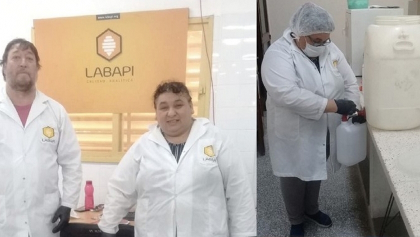 Técnicos del Ministerio de Producción colaboran con el preparado de alcohol