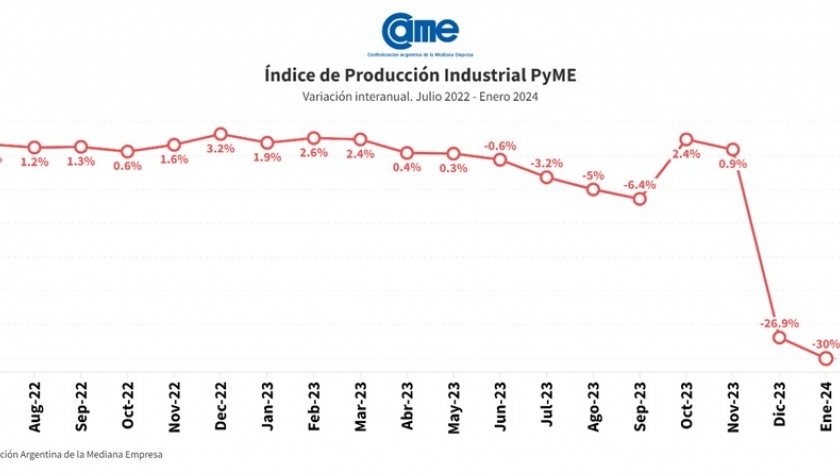 Preocupante informe: La industria pyme cae 30% anual en el primer mes de 2024