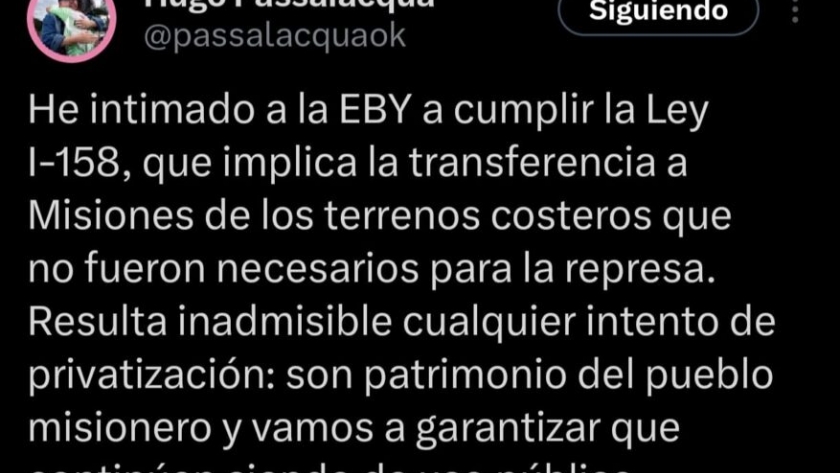 Passalacqua exigió a la EBY la transferencia de terrenos costeros de El Brete para uso público