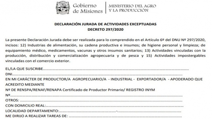 Declaración jurada de actividades exceptuadas para la circulación de la producción agropecuaria
