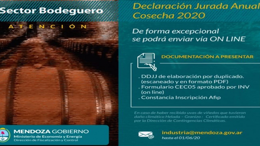 El sector bodeguero podrá presentar on-line su declaración jurada anual de la cosecha 2020