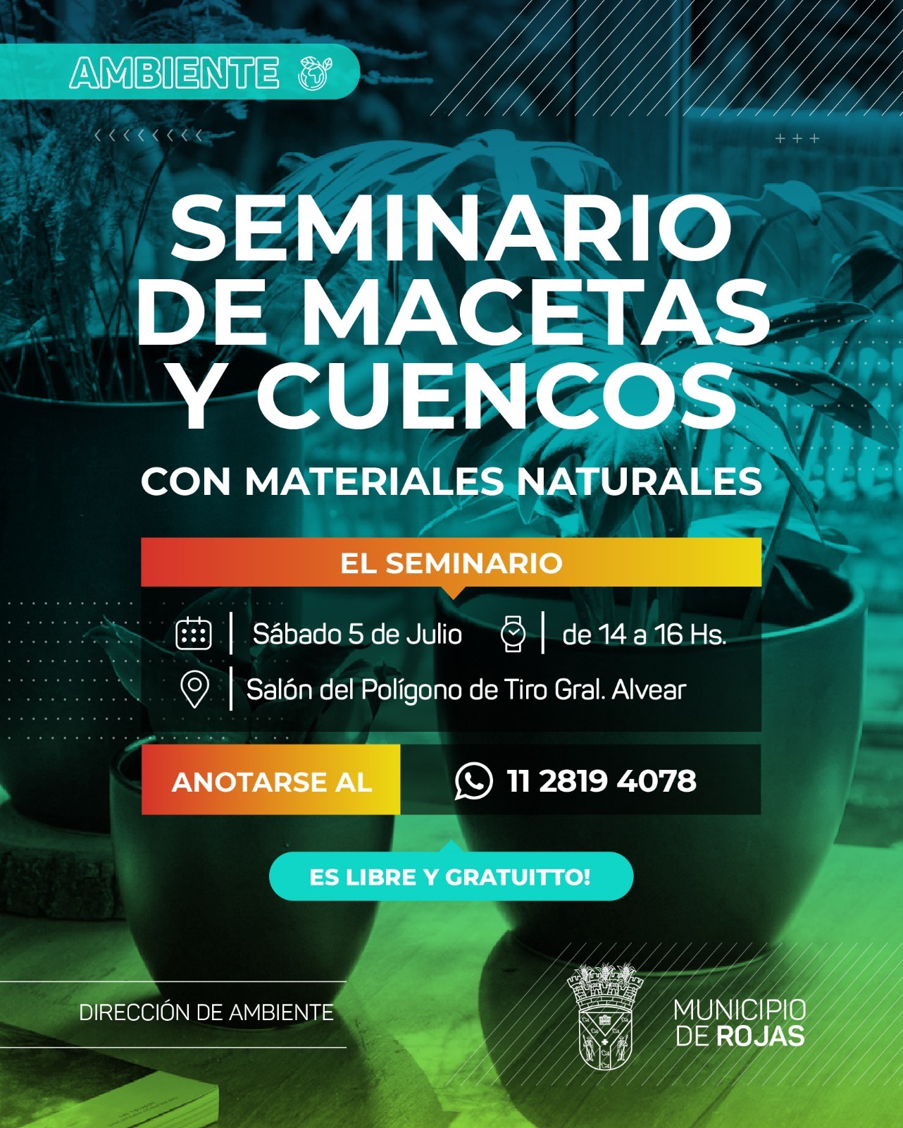 Seminario de jardinería en General Alvear: macetas y cuencos con materiales naturales