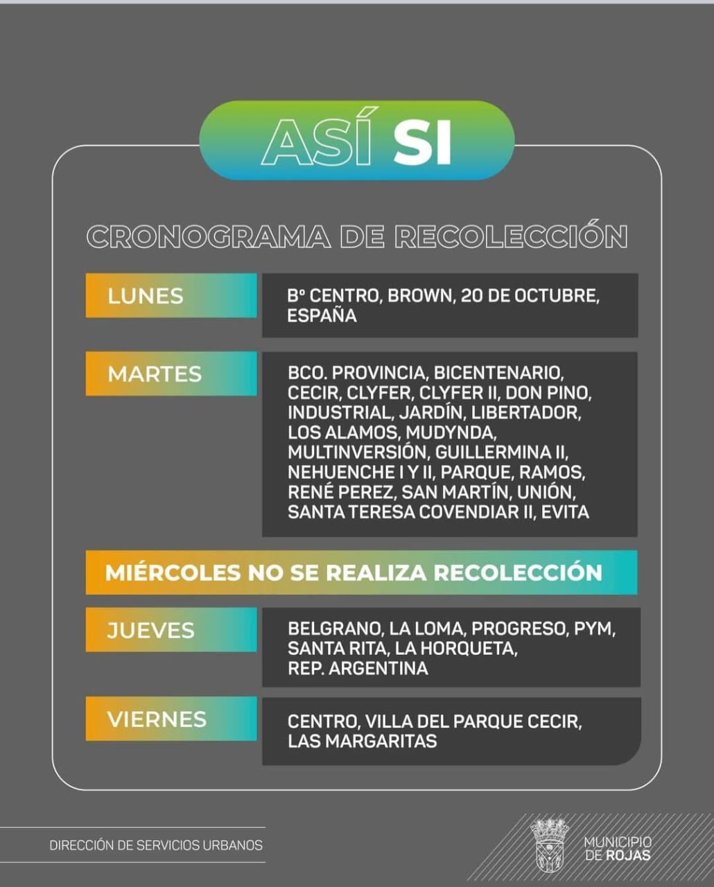 Miércoles sin recolección: el Municipio de Rojas refuerza el cronograma para mantener la ciudad limpia