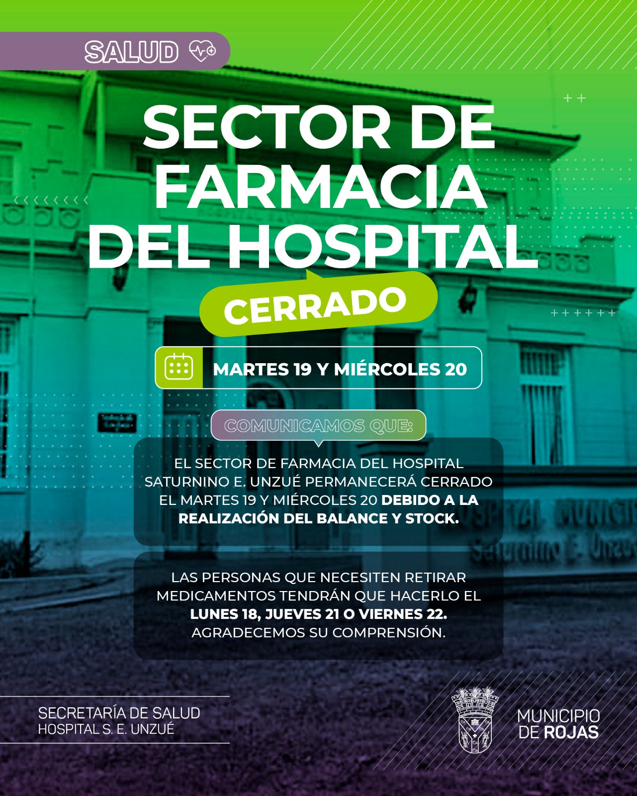Cierre del sector de farmacia hospitalaria este martes 19 y miércoles 20 por medidas gremiales