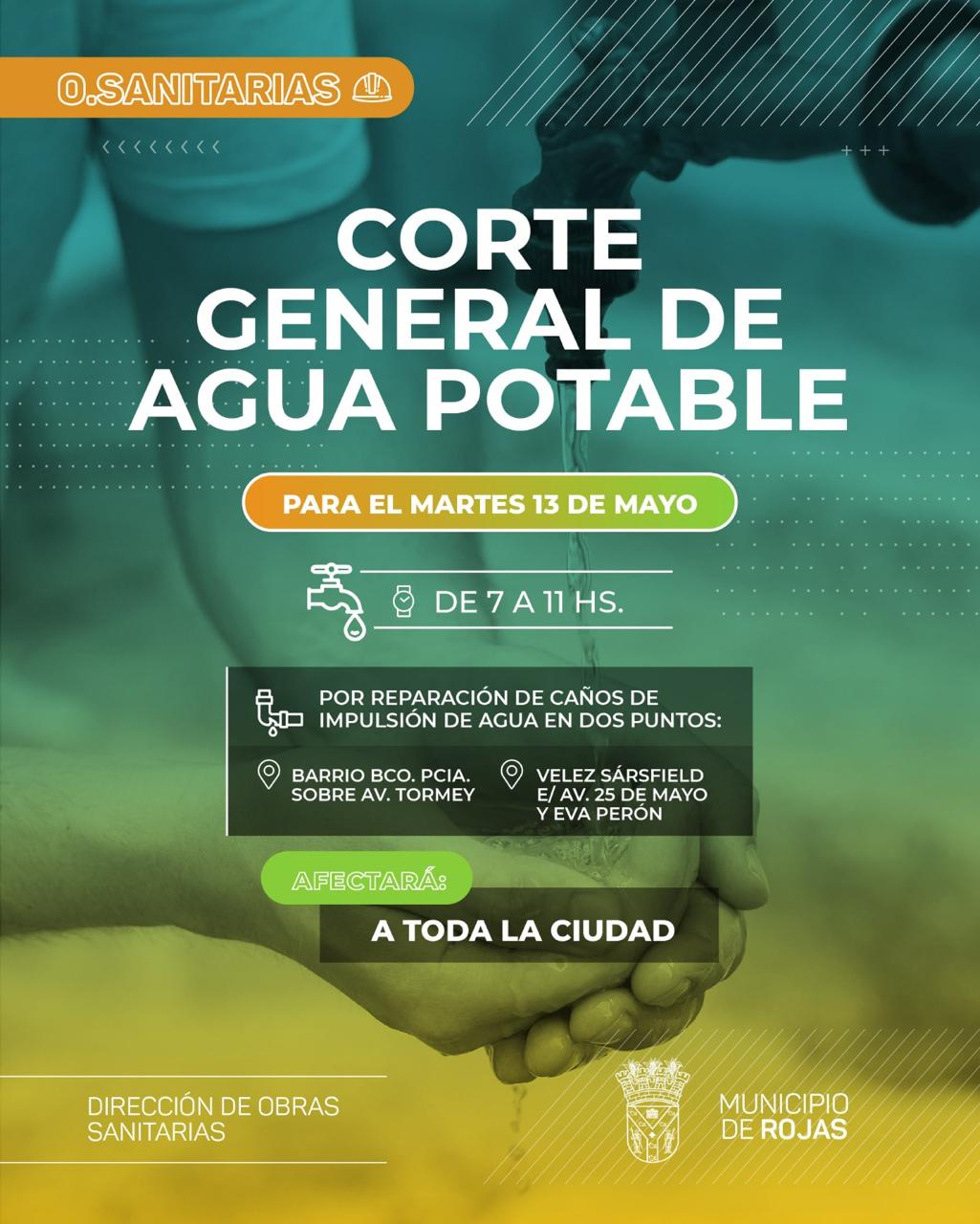 Corte total de agua en Rojas: afectará a toda la ciudad este martes por trabajos en Av. Tormey y Av Eva Peron y 25 de Mayo