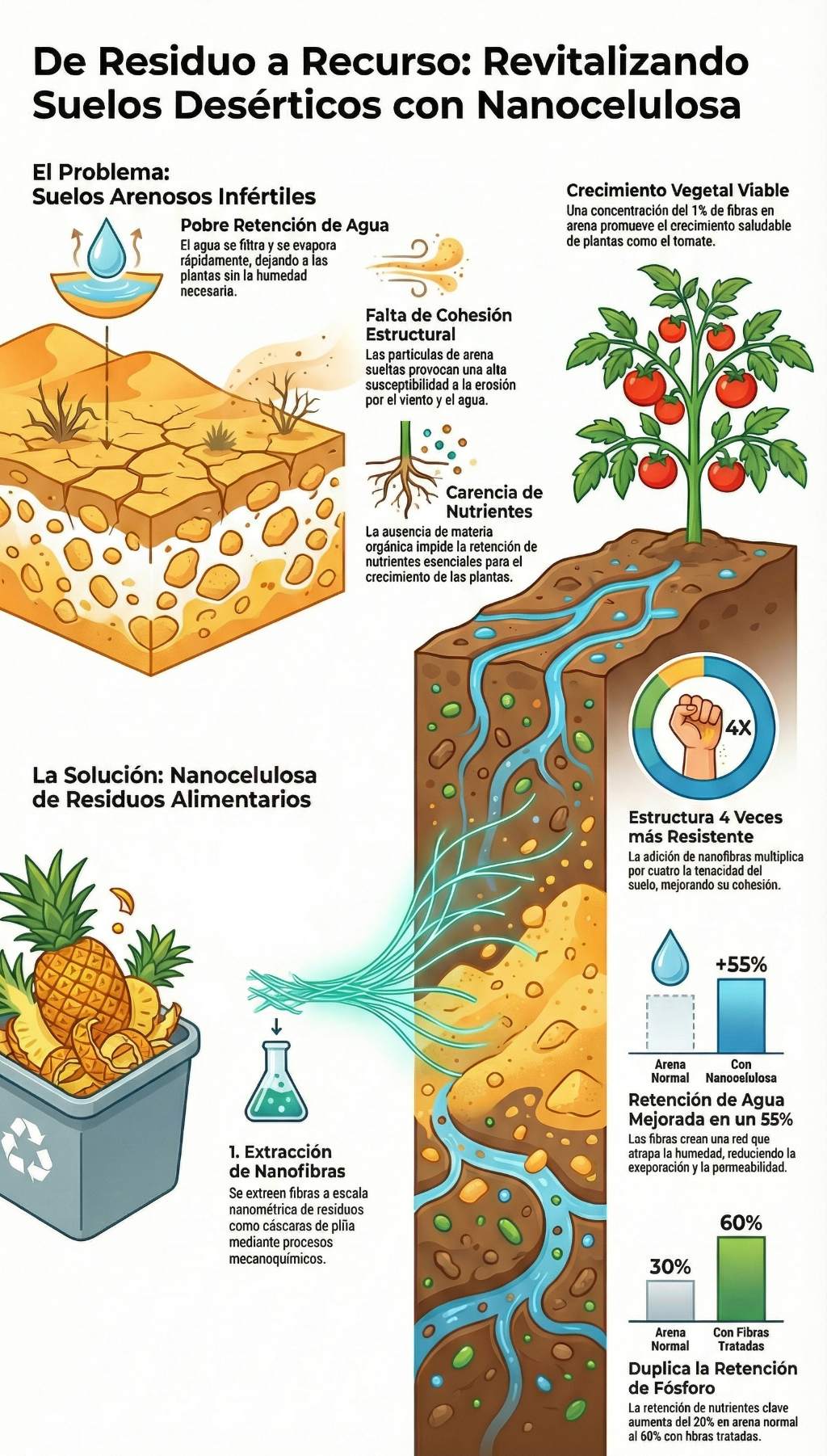 De residuo a insumo clave: convierten cáscaras de piña en nanofibras que mejoran suelos del desierto